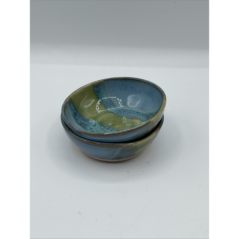 Studio Pottery Small Bowls Set of 2 Blue Green Glazed Clay 3 Inch Jewelry Dish